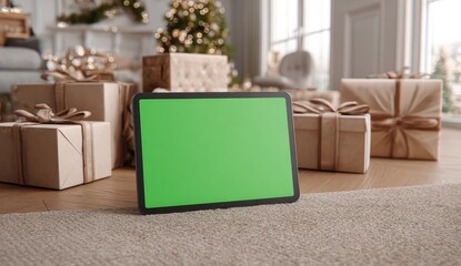 Tablet with green screen sits among wrapped presents and Christmas decorations