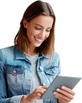 Smiling young woman using tablet with denim jacket isolated