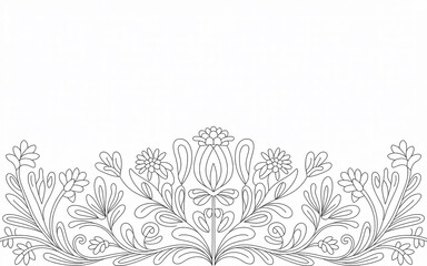 Intricate black and white floral damask pattern border on white background