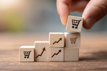 Ascending wooden blocks with shopping cart and arrow icons show growth