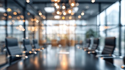 Blurred modern conference room with leather chairs and lights