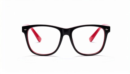 "Bold red rectangular eyeglasses with clear lenses and rounded edges, isolated in a modern composition."