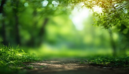 Sunlit forest path bathed in vibrant green, dappled light filtering through leaves