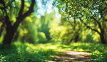 Sun-drenched path winds through lush, green forest foliage