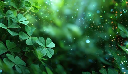 Lush green clover leaves sparkle with magical, ethereal light