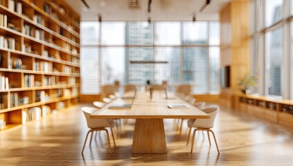 Modern library with abundant books, large table, and city view