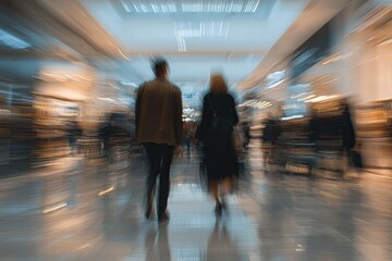 Two figures walk through a blurred, brightly lit indoor public space