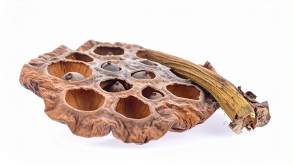Dried lotus seed pod with round cavities and green seeds on white background, organic and geometric botanical structure.