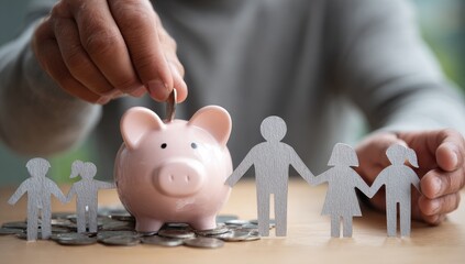 Person deposits coin into piggy bank with paper family figures