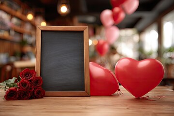 Blackboard framed by red roses and heart balloons on wooden table