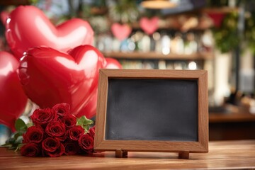 Romantic table setting with heart balloons, roses, and empty chalkboard
