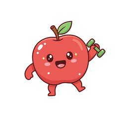 A cartoon red apple is exercising with a green dumbbell in its right hand while happily smiling on a white background.