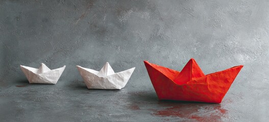 A leading red origami boat guides two white ones on a textured surface