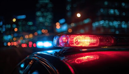 Flashing emergency lights illuminate a city street at night