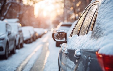 Cars covered in snow parked along a sunlit, icy winter street