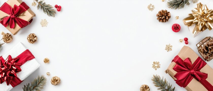 Holiday gifts and decorations on a white background