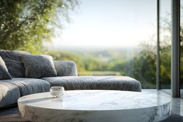 Modern living room with marble coffee table and plush sofa