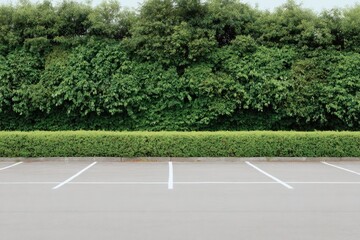 Empty parking lot bordered by lush green hedges and trees
