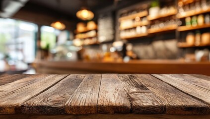 Warm, rustic wooden table in a softly blurred coffee shop background