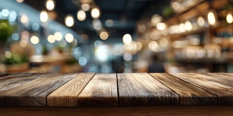 Rustic wooden table with blurred cafe interior bokeh lights background