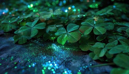 Emerald clover field sparkles with magical dust under dim light