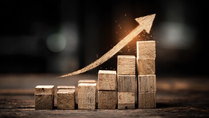 Wooden blocks stacked to form a rising graph with an arrow