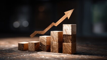Wooden blocks form an upward trending graph with an arrow