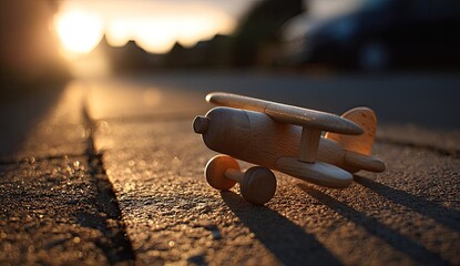 Wooden toy plane rests on a sidewalk as sun sets