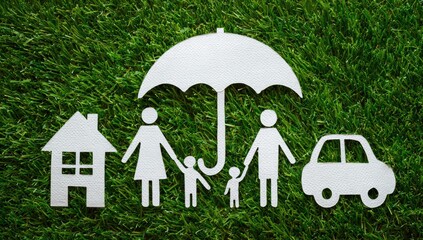 Paper cutout family, home, car, and umbrella on green grass