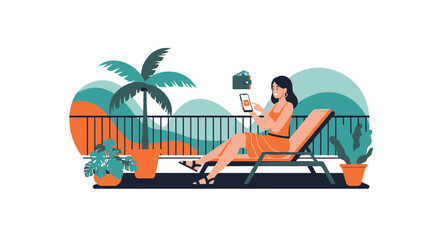 Woman making online payments on her vacation, relaxed and enjoying the view from her balcony