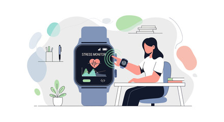 Woman monitoring stress levels with smartwatch technology in a modern setting showcasing health