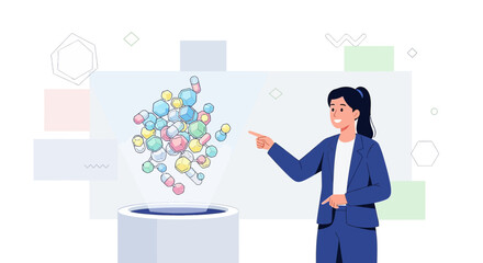 Woman Presenting Innovative Pharmaceutical Molecules and Medical Research Breakthroughs