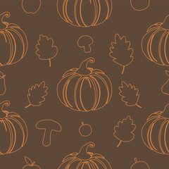 Outline pumpkin seamless pattern on brown background