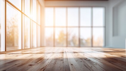 Bright, empty room with large windows and natural light