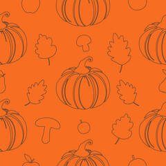 Orange pumpkin line art seamless pattern