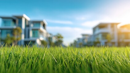 Lush green grass in foreground, modern buildings and blue sky
