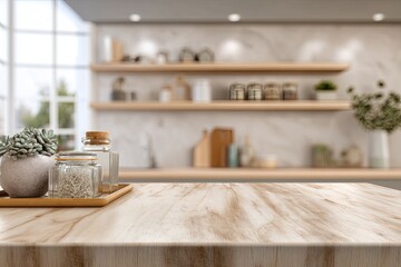 Blurred modern kitchen interior with marble countertop and wooden shelves