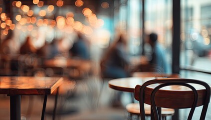 Warm, blurred interior of a cozy cafe with bokeh lights