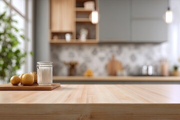 A bright, modern kitchen with a wooden countertop and blurred background