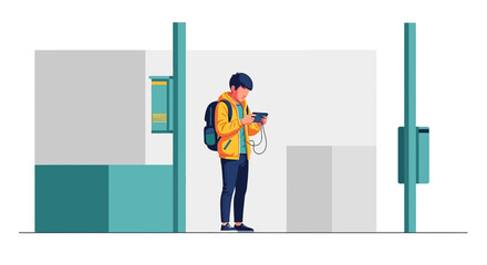 Young traveler using smartphone at bus stop with modern abstract design illustration