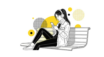 Young woman listening to music with headphones and using a mobile phone on a bench