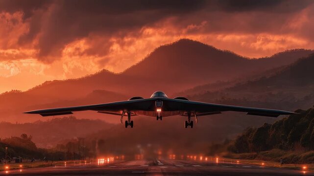 A stealth bomber takes off from a runway at sunset, mountains in background, orange sky