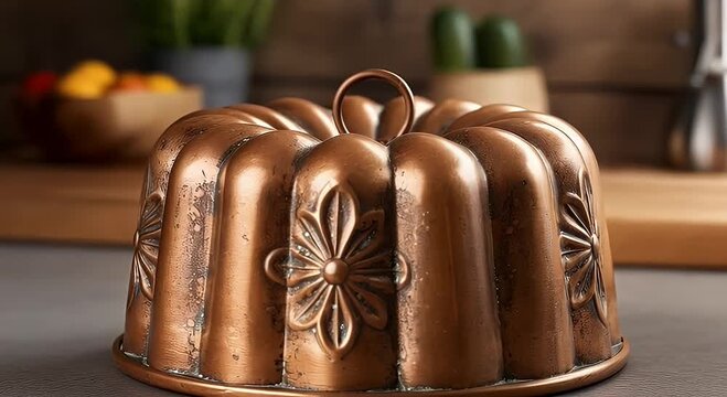 Detailed Copper Bundt Cake Mold with Floral Design in Kitchen Setting