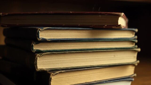 A stack of aged, hardcover books is lit, showing wear on the covers and edges, with soft, golden pages