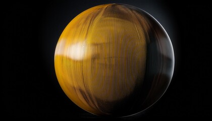 black textured ball with yellow vertical stripes isolated on transparency background showing rough surface and spherical shape with detailed lighting and shadow effects