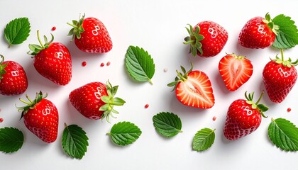 "A whole and sliced strawberry with green serrated leaves, isolated in a realistic botanical composition."