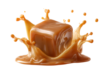 A rich caramel cube splashes into liquid caramel creating a dynamic sweet confectionary explosion