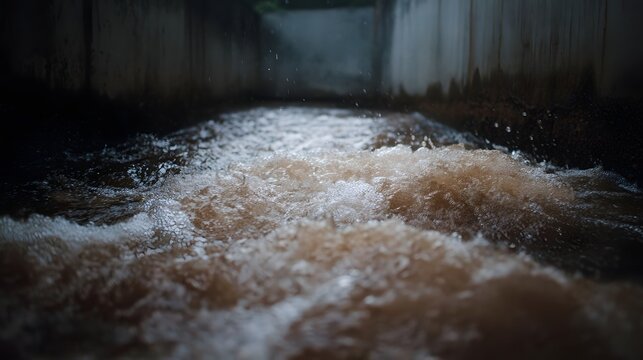 Turbulent brown water flows with foam through a dark concrete channel suggesting a storm drain or industrial outflow