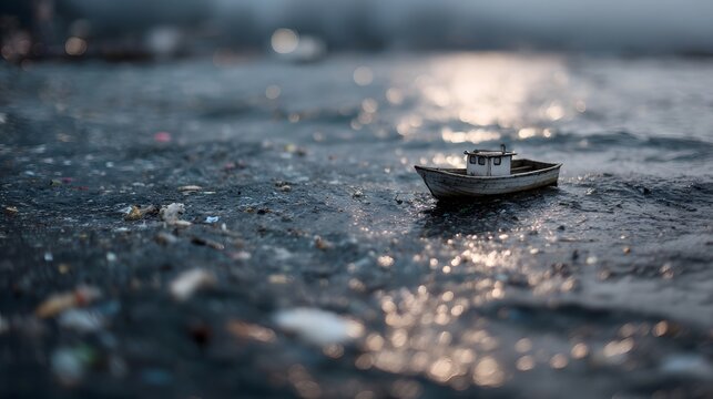 A miniature fishing boat navigates through polluted water filled with debris