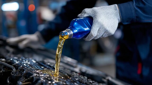 75Precise shot of person&rsquo;s hand in work glove holding blue bottle, golden liquid cascading into oil filler, engine compartment reflecting light with mechanical complexity